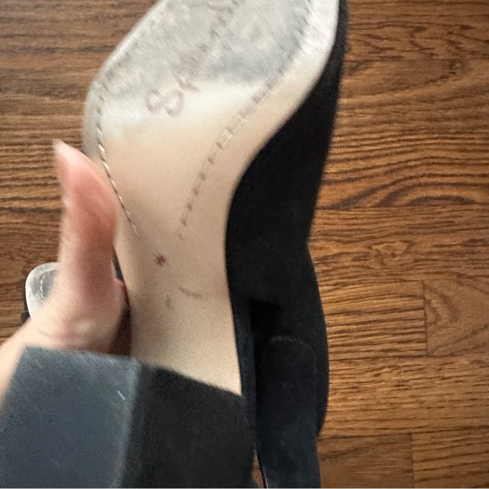 Black Suede Peep Toe Heeled Booties - Picture 15 of 16